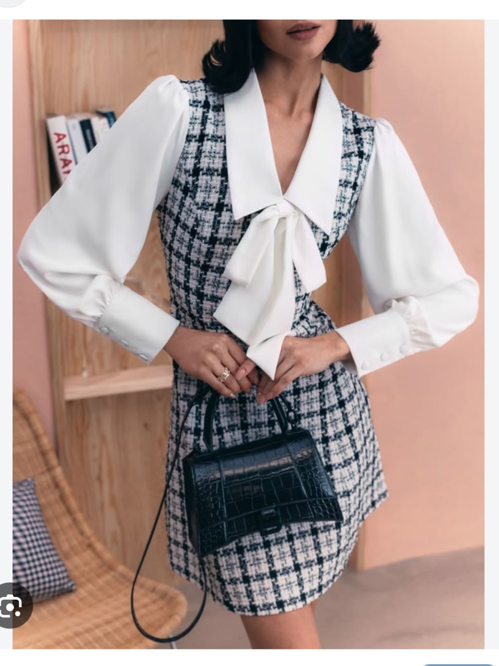 Tweed Mini Dress with White Bow Blouse
